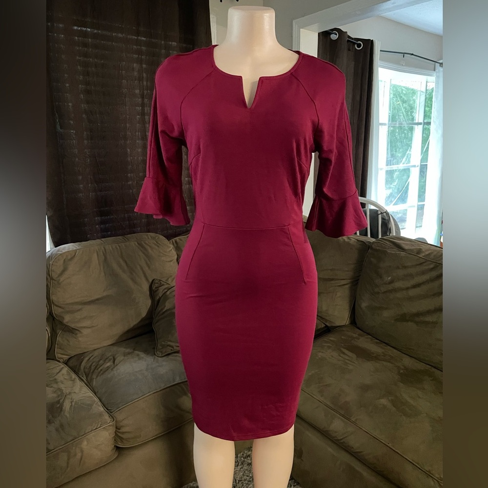 Woosunze bell sleeve maroon Elegant Burgundy pencil Dress bodycon flattering sma